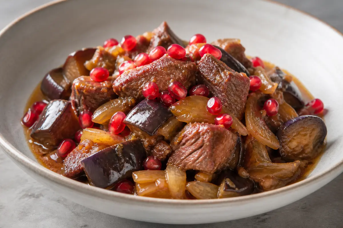 Ternera en slow cooker con berenjena, granada y canela suave
