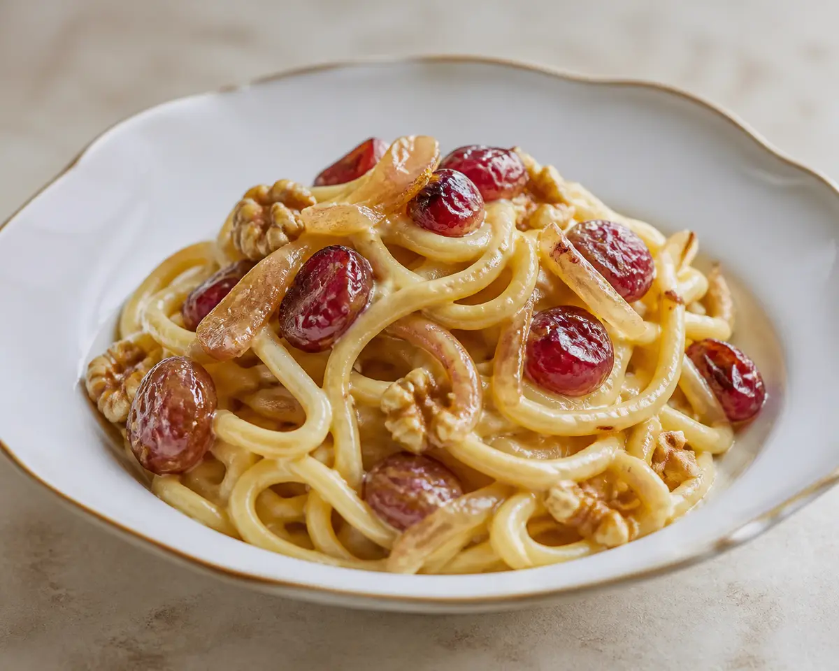 Toasted Pici with Sweet Onion Cream, Roasted Grapes and Crunchy Walnuts