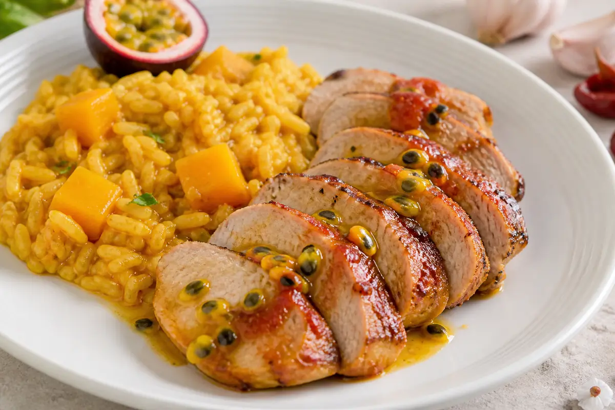 Lomo de Cerdo Caribeño en Adobo de Maracuyá y Achiote con Arroz Cremoso de Calabaza y Coco