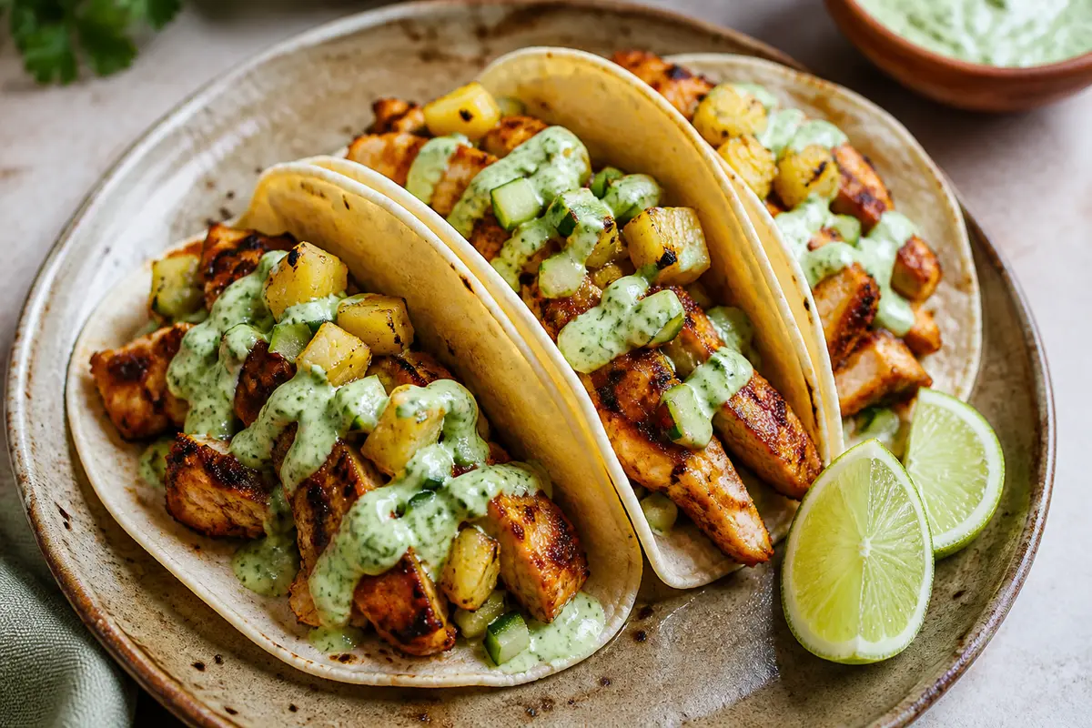 Tacos de pollo al recado rojo suave con piña tatemada y crema de pepino-lima