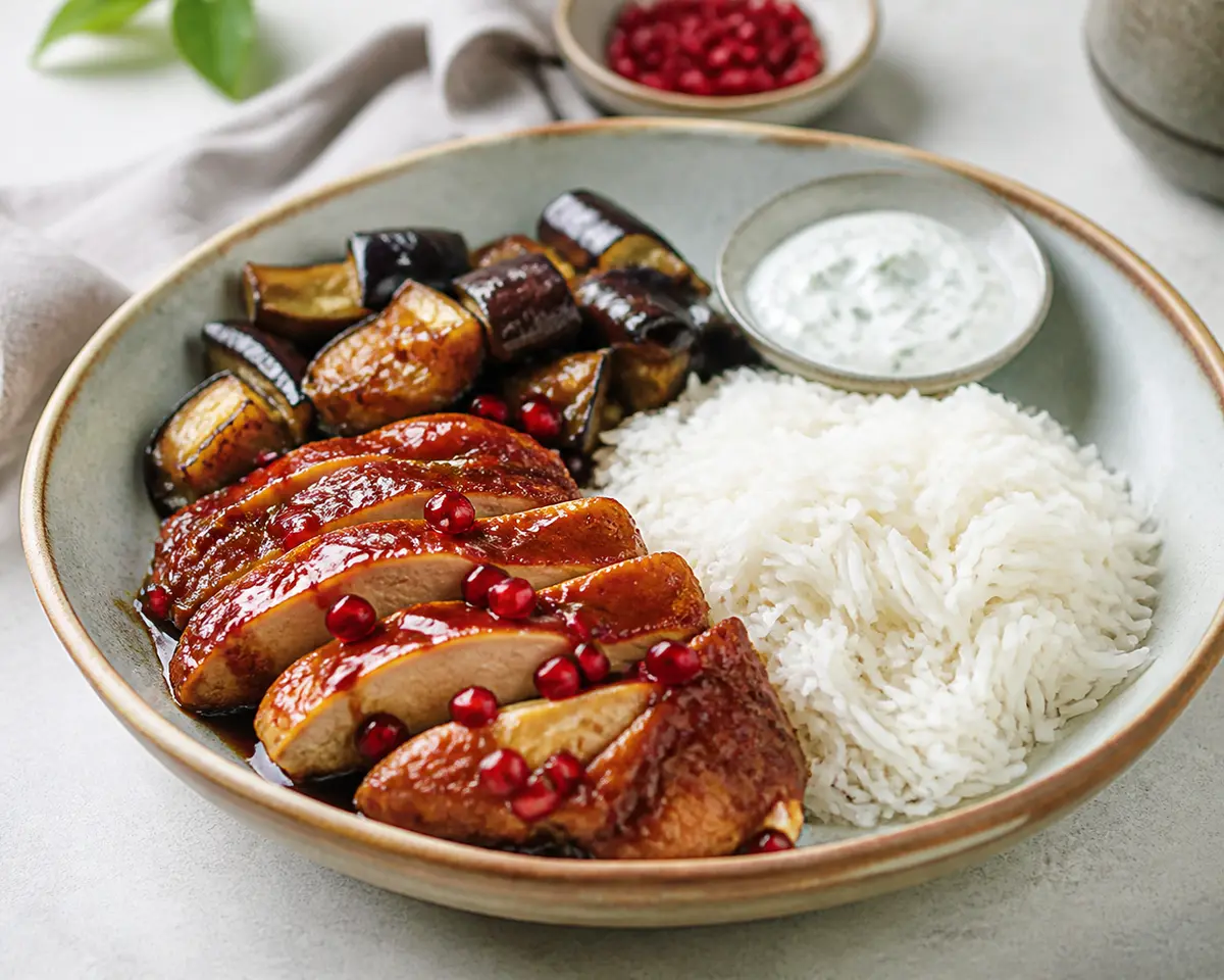 Jasmine rice with pomegranate-ginger glazed chicken, sautéed eggplant and herbed sesame yogurt