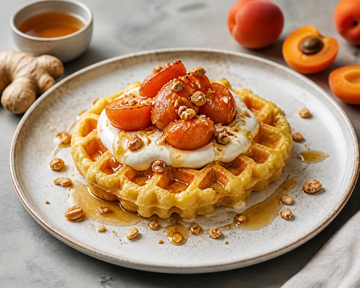 Polenta Yogurt Waffles with Ginger-Roasted Apricots and Hazelnut Crunch