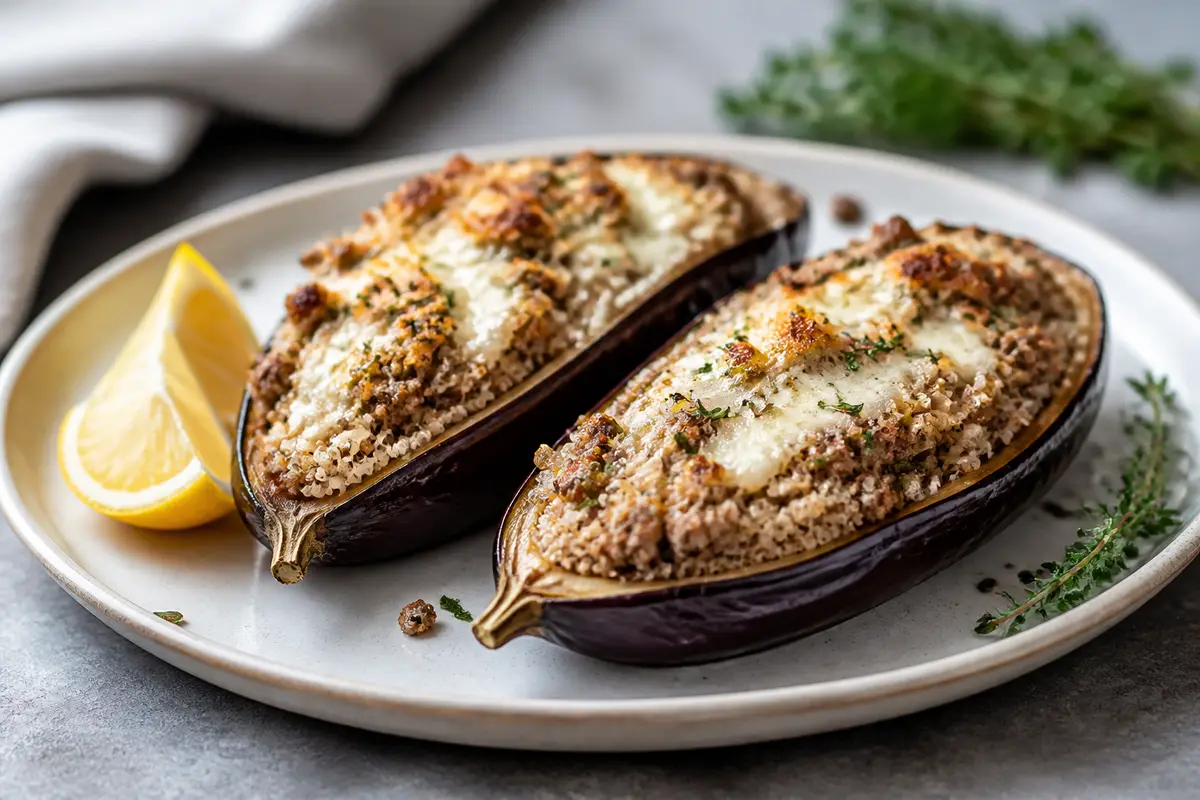 Berenjenas rellenas de pavo especiado con quinoa al limón y gratén ligero de feta