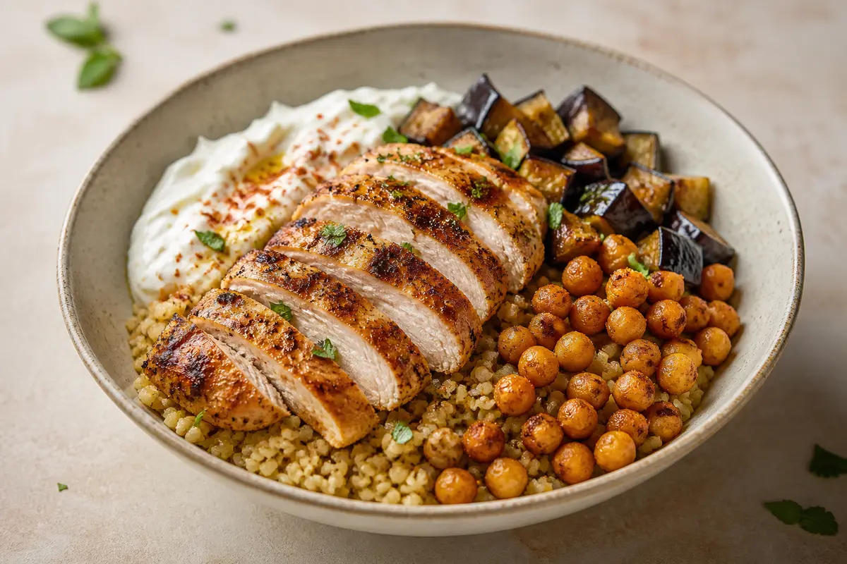 Warm spiced yogurt chicken bowl with bulgur, roasted eggplant, and crispy chickpeas
