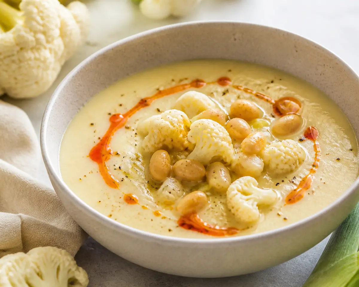 Creamy Cauliflower, Leek and White Bean Soup with Warm Paprika Lemon Oil