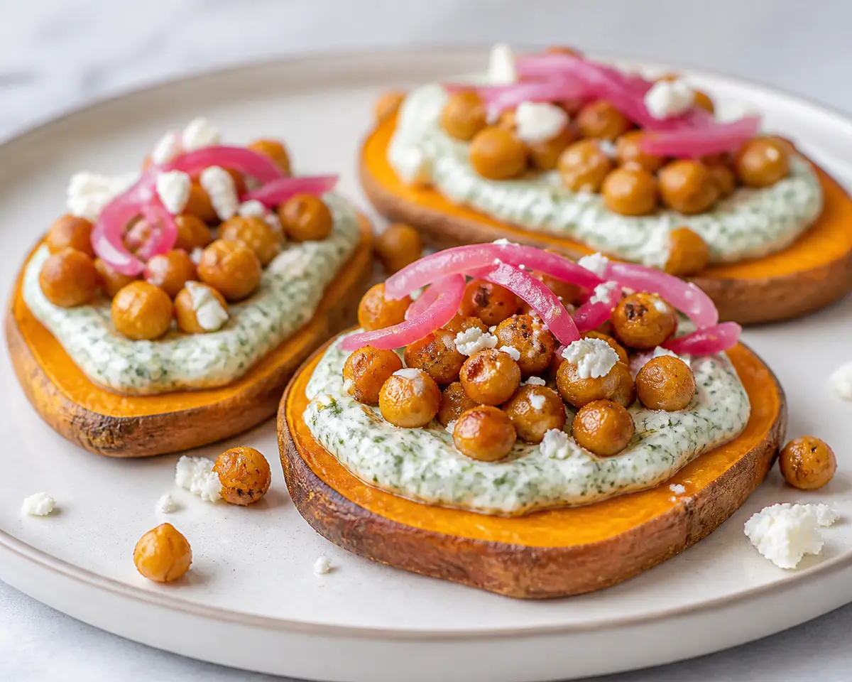 Roasted sweet potato toasts with whipped feta cilantro cream, crispy chickpeas and pickled red onion