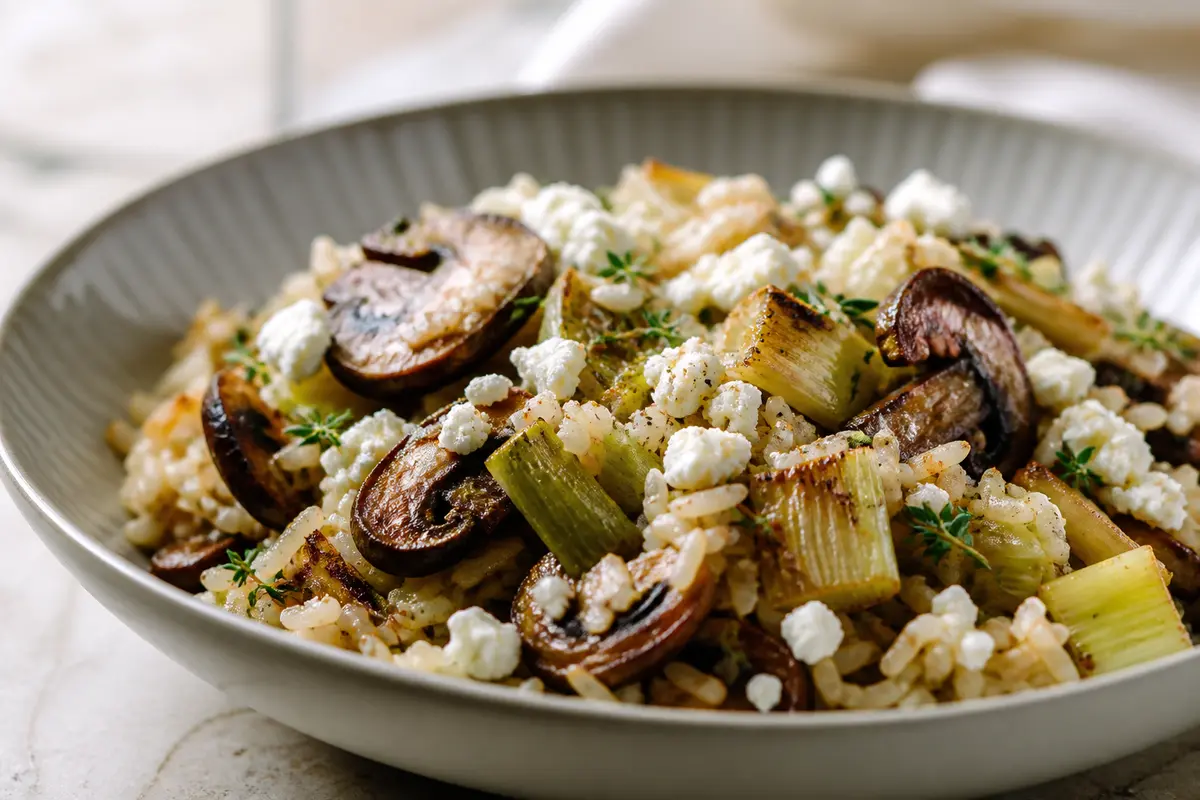 Ensalada tibia de arroz integral, puerros asados, champiñones dorados y queso de cabra con vinagreta de naranja y tomillo
