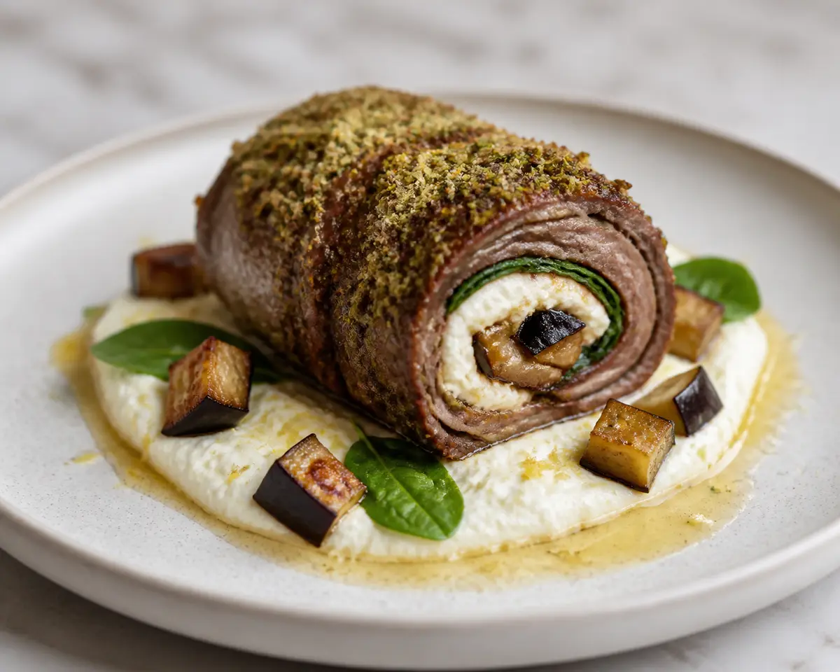 Crispy Beef Roll with Herb Crust, Lemon Ricotta, and Roasted Eggplant