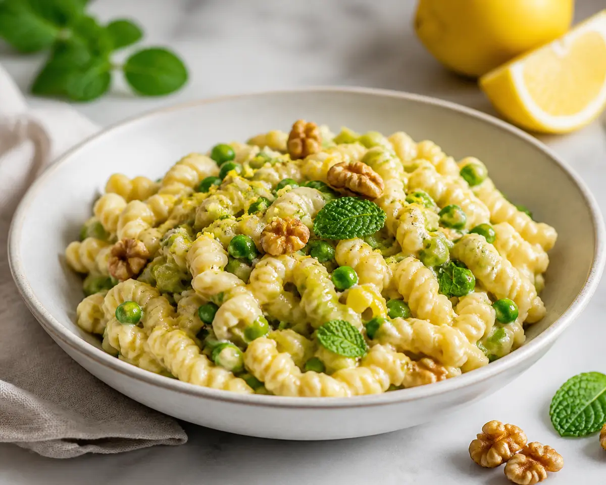 Torchietti cremosos de guisantes, puerro dorado y menta con limón y nuez