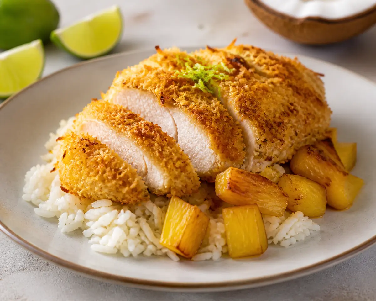 Baked chicken with toasted coconut, turmeric and lime crust over jasmine rice with sautéed pineapple