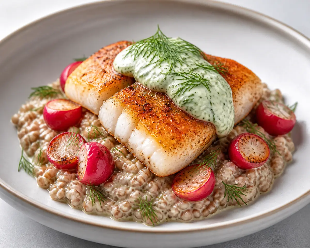 Pescado Dorado con Salsa de Pepino, Eneldo y Yogur sobre Trigo Sarraceno Cremoso y Rábanos Asados