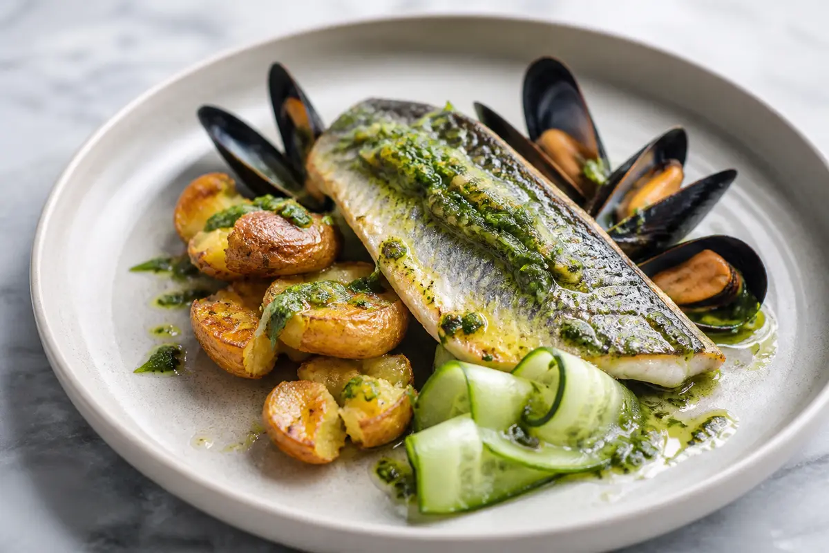 Sea Bass with Green Paprika Sauce, Mussels, Smashed Potatoes, and Warm Cucumber Dressing