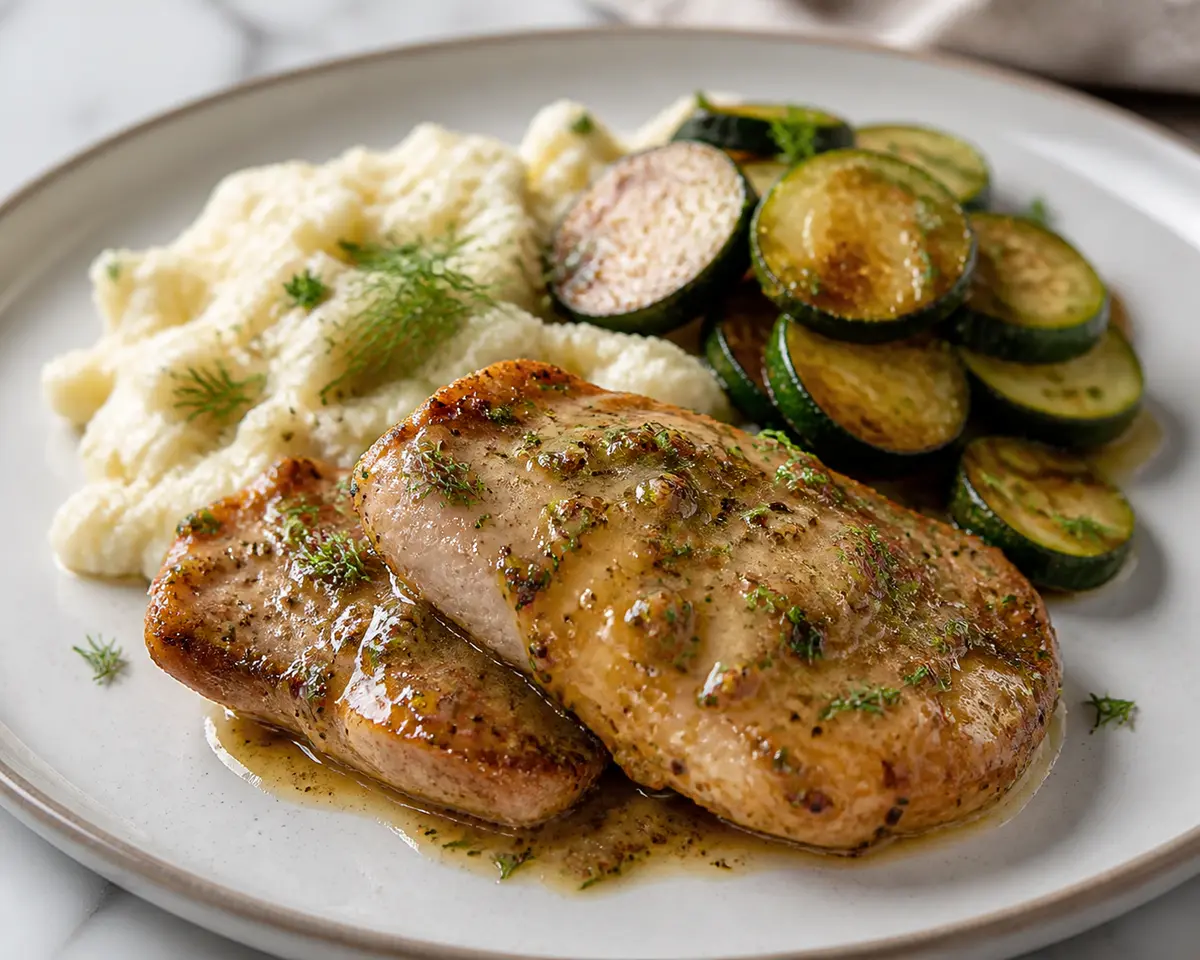 Muslos de pollo al eneldo y mostaza con puré rústico de coliflor tostada y calabacín salteado