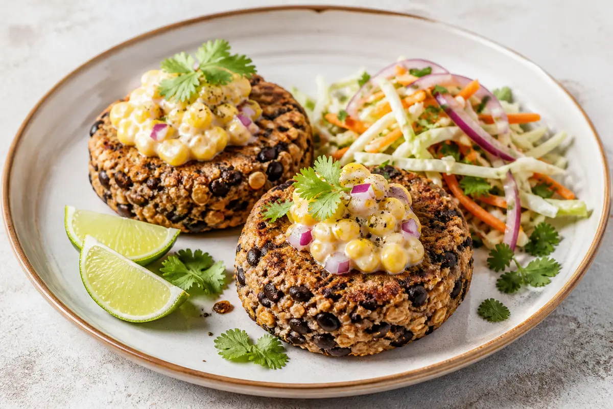 Tortas doradas de alubia negra y avena con crema de maíz ahumado y ensalada crujiente de lima