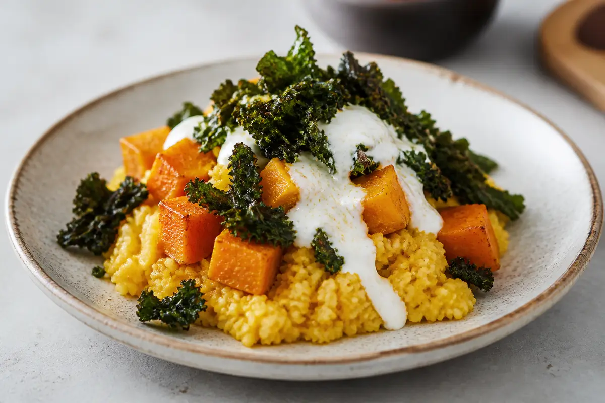 Pastel tibio de mijo cremoso con calabaza especiada, kale crujiente y salsa de yogur al limón