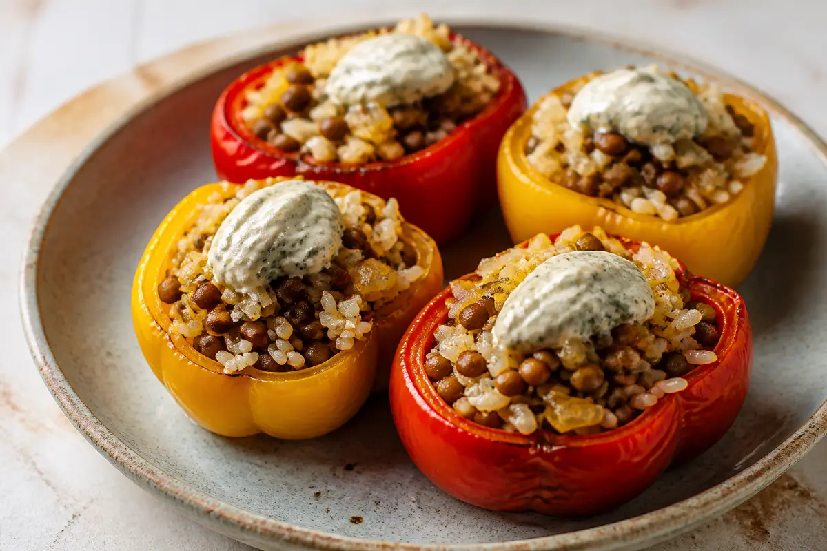Roasted Bell Peppers Stuffed with Lemon Brown Rice, Spiced Lentils, and Herbed Sunflower Cream