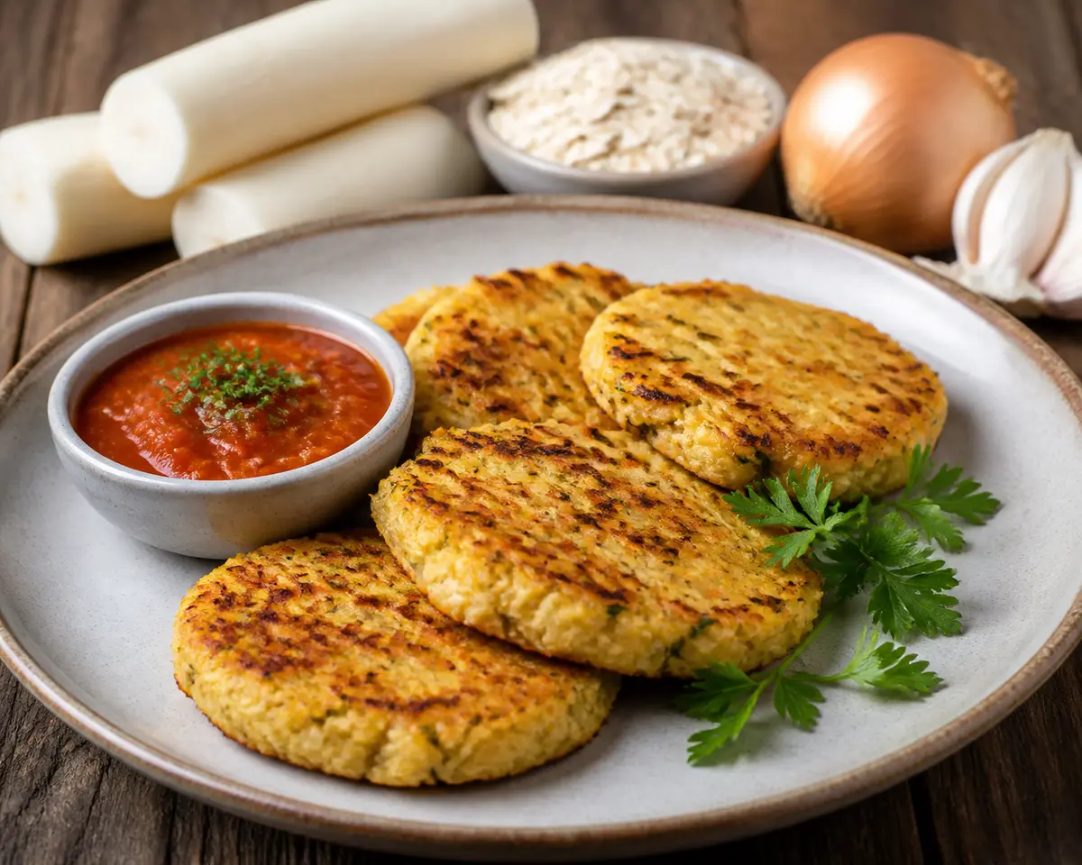 Budget Yuca, Oat and Onion Patties with Quick Tomato Parsley Sauce