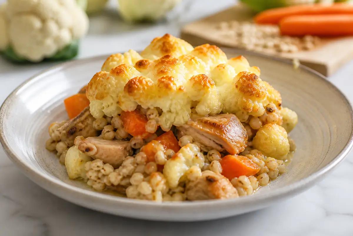 Family Barley Bake with Roast Chicken, Carrots, and Cauliflower Cheese Cloud