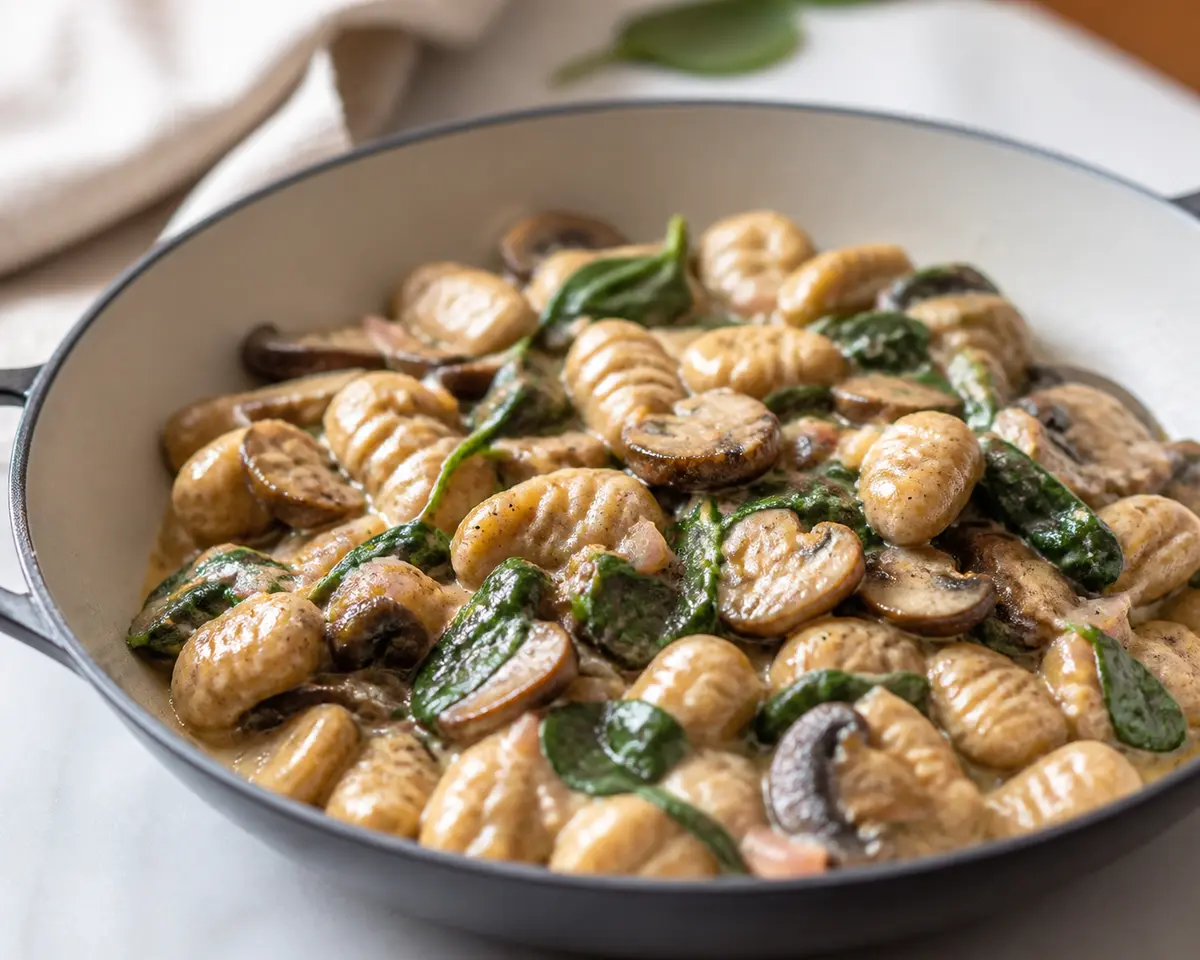 Salteado Exprés de Gnocchi Integral con Champiñones, Espinaca y Crema de Mostaza Suave