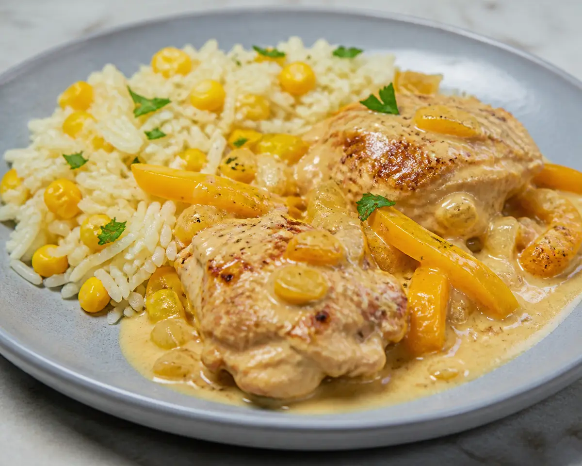 Instant Pot de pollo con salsa cremosa de pimiento amarillo, maíz y arroz