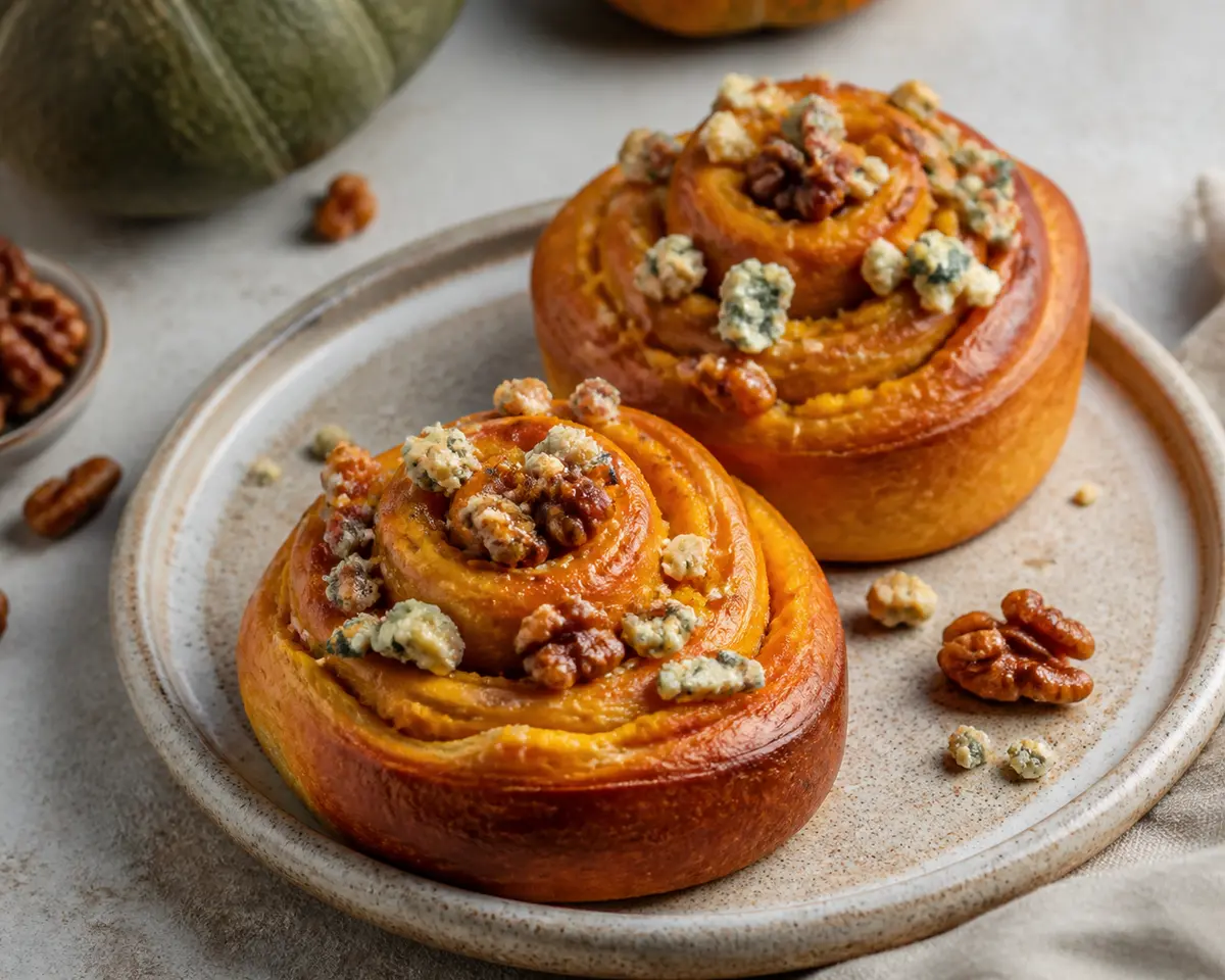 Espirales de Brioche con Calabaza Especiada, Queso Azul y Nueces Caramelizadas