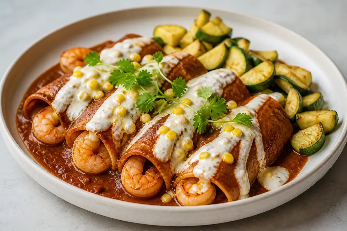 Enchiladas de camarón al chile cascabel con crema de elote asado y calabacitas al ajo