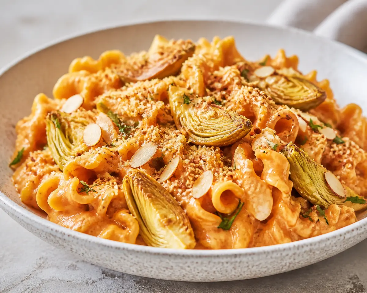 Baked Campanelle with Smoked Pepper Ricotta Cream, Golden Artichokes and Almond Crumb
