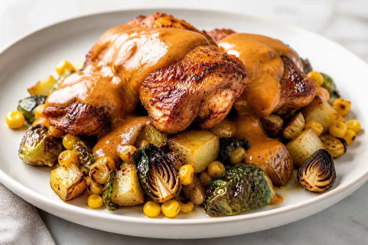 Pollo ahumado en sartén con salsa de mantequilla de manzana y cheddar, sobre hash de coles de Bruselas y maíz crujiente