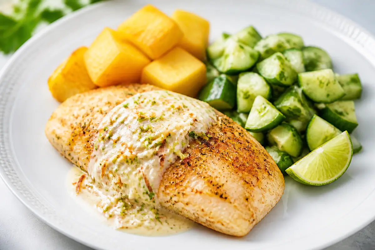 Corvina Caribeña en Salsa de Coco Tostado y Lima con Ñame Dorado y Ensalada de Pepino y Hierbas