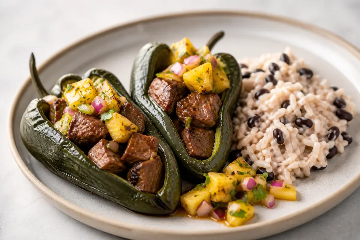 Poblano Peppers Stuffed with Coffee-Braised Pork, Creamy Moro Rice, and Fresh Roasted Pineapple Salsa