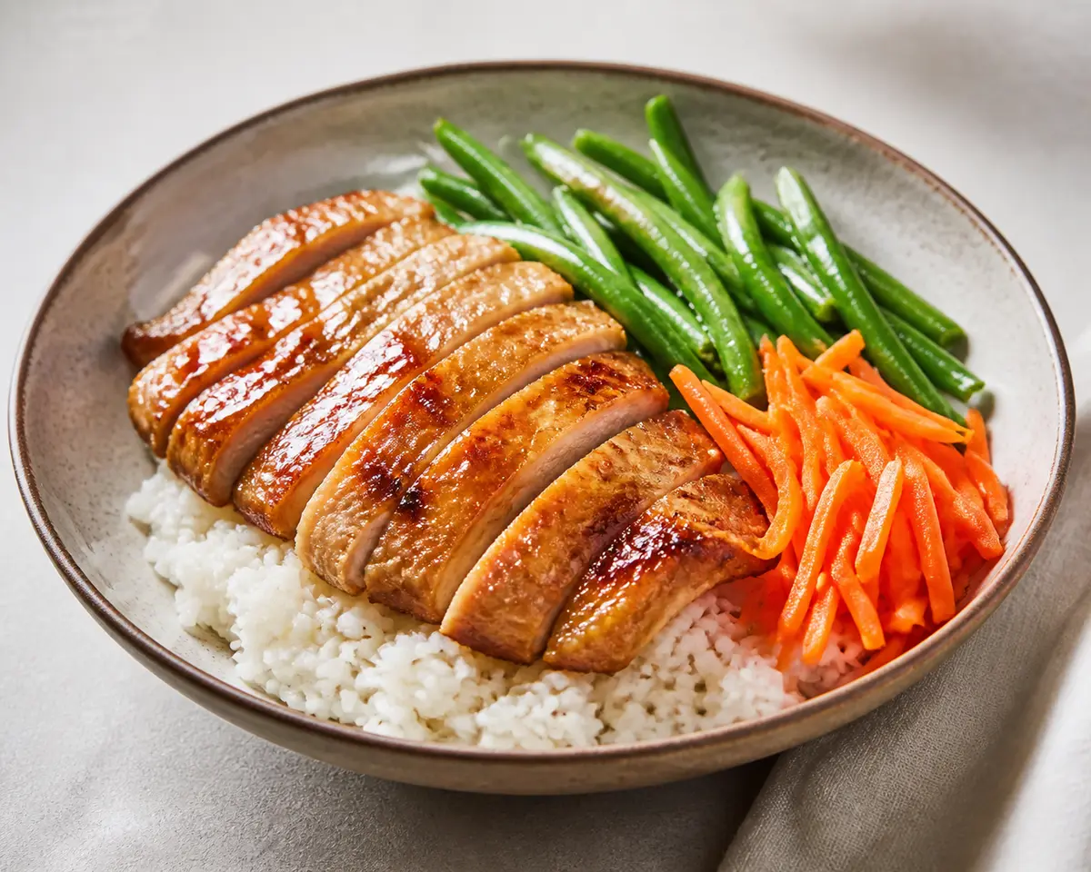Bowl asiático de arroz jazmín con pavo glaseado al coco-lima, judías verdes salteadas y zanahoria encurtida rápida