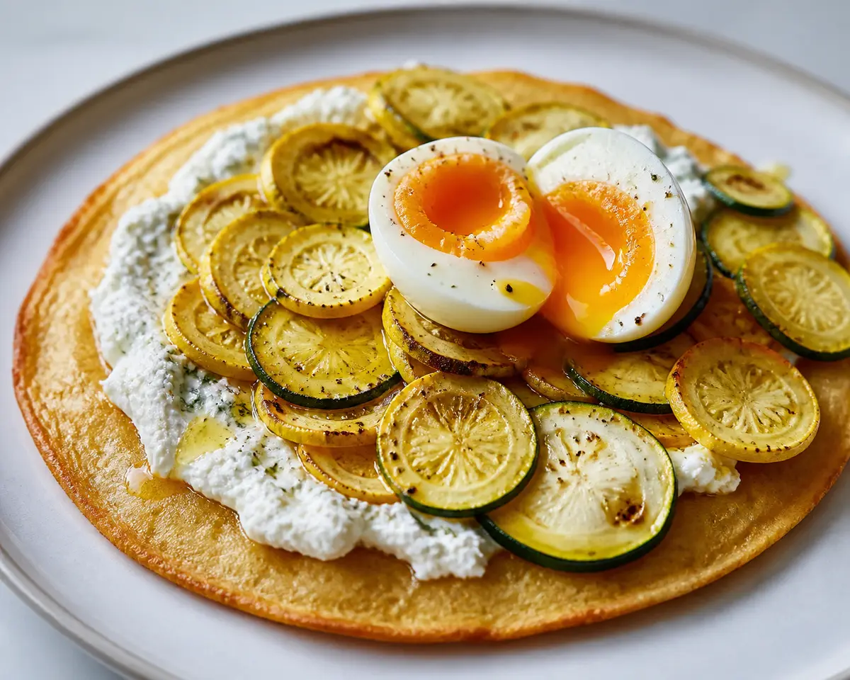 Breakfast Farinata with Herbed Ricotta, Golden Zucchini and Soft-Boiled Egg