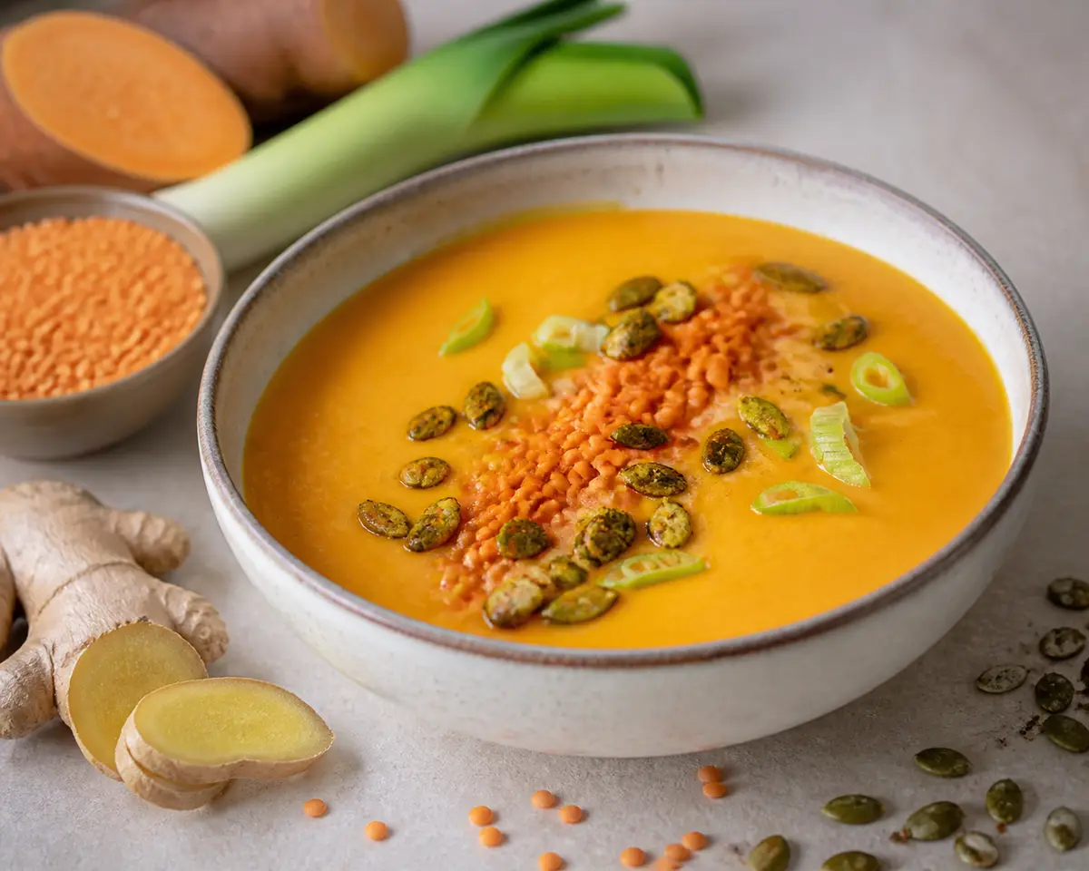 Creamy sweet potato, leek and ginger soup with red lentils and curried pumpkin seeds