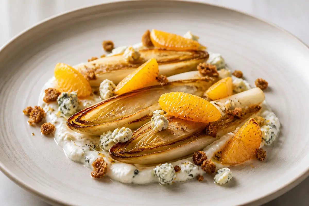 Endivias caramelizadas con crema de queso azul, naranja tostada y migas crujientes de centeno