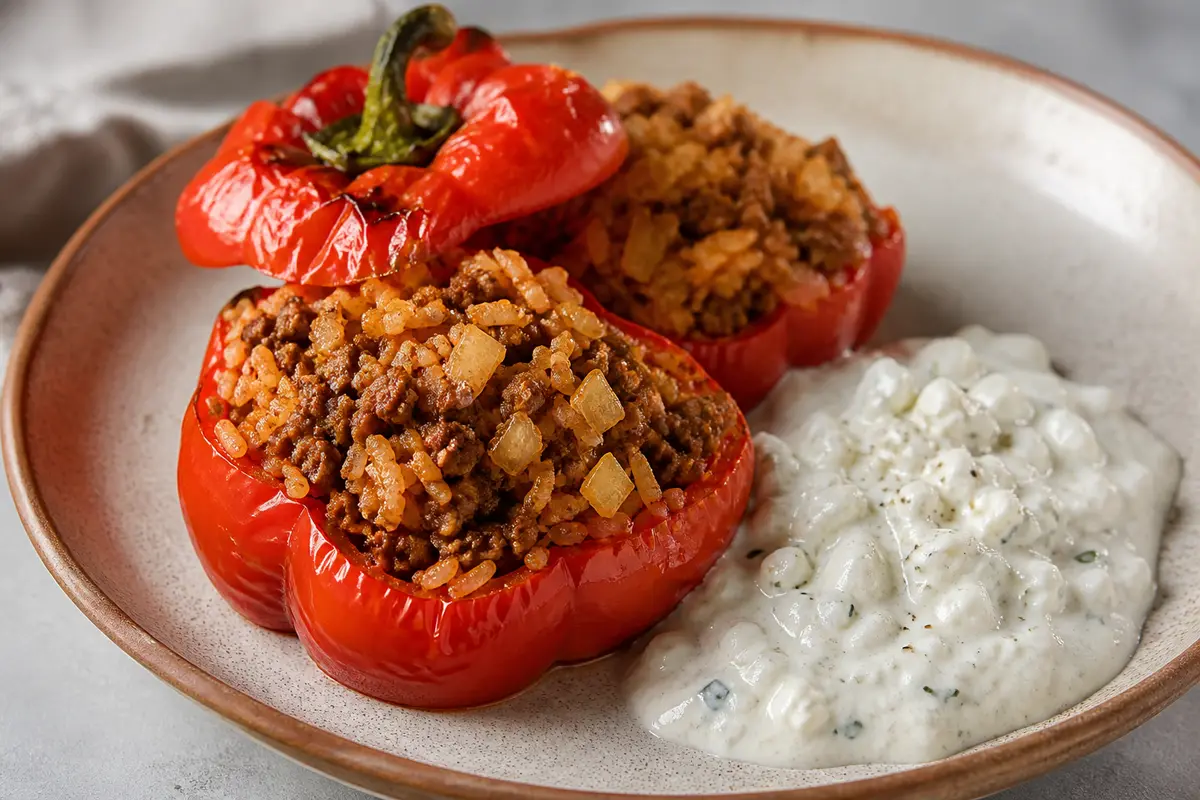 Pimientos rellenos de ternera especiada con arroz de tomate y salsa cremosa de feta