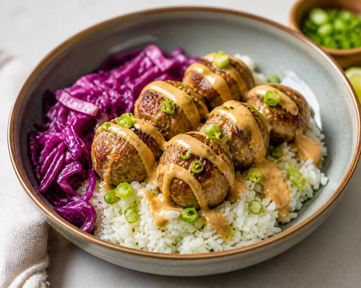 Warm Ginger Pork Meatball Bowl with Scallion Rice, Sautéed Red Cabbage, and Creamy Peanut-Lime Sauce
