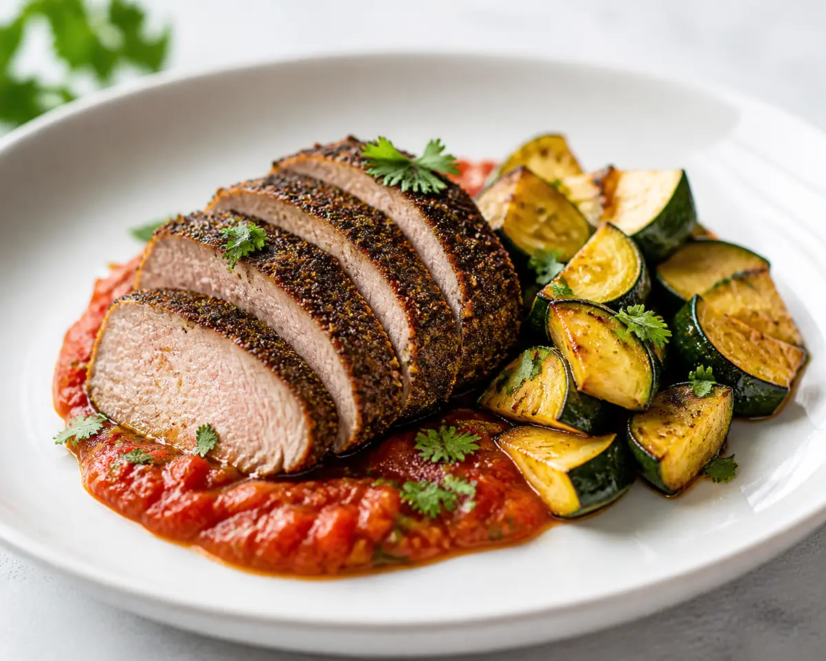 Pork Loin with Cocoa-Cilantro Crust, Roasted Tomato Cumin Sauce, and Golden Zucchini