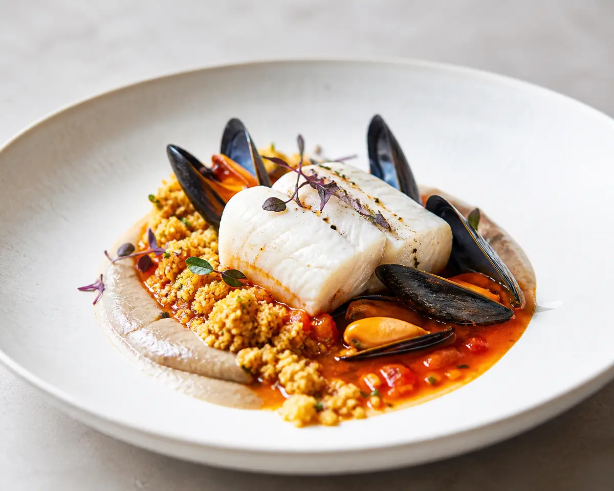 Lomos de bacalao con mejillones al tomate especiado, crema de berenjena ahumada y cuscús de coliflor crujiente