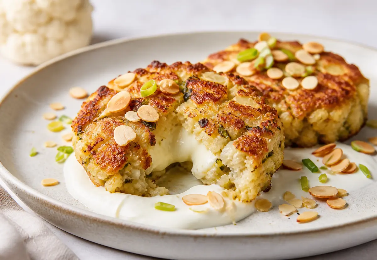 Cauliflower and Leek Cakes with Halloumi Center, Lemon Yogurt, and Toasted Almonds