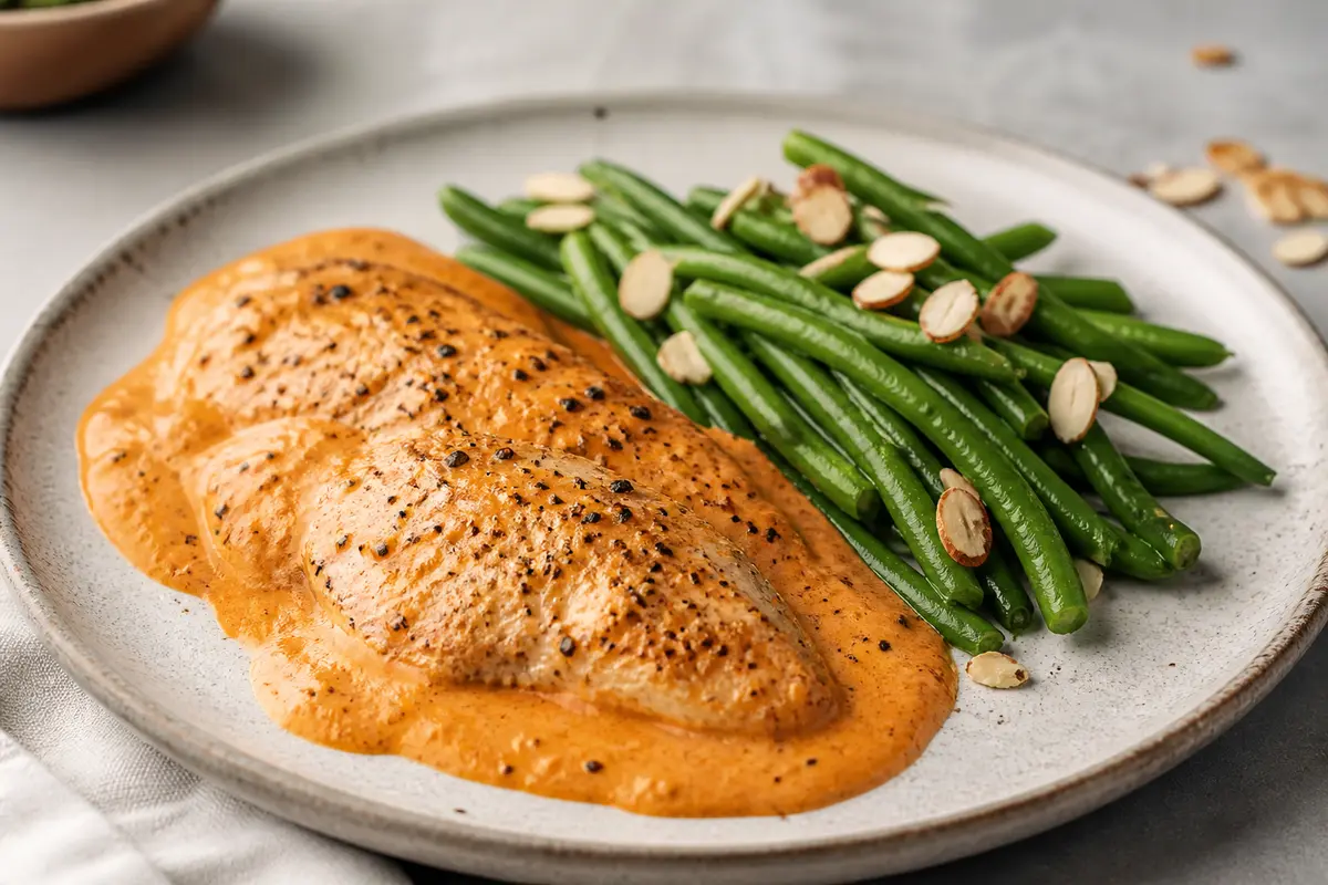 Keto Chicken in Smoky Red Pepper Mascarpone Sauce with Almond Green Beans