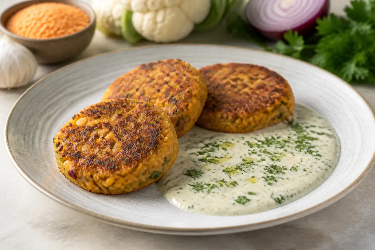 Red Lentil and Cauliflower Patties with Warm Tahini Lemon Parsley Cream