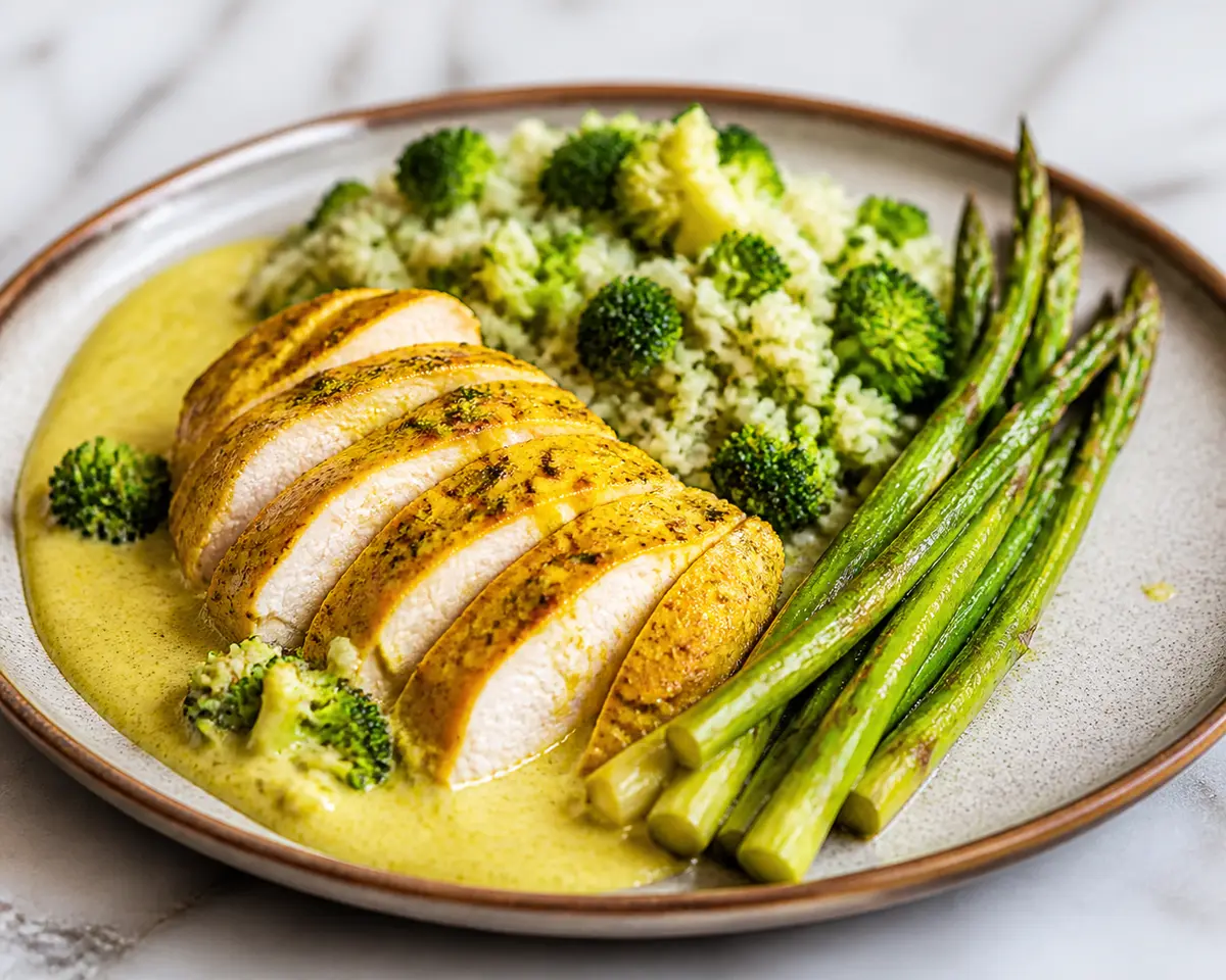 Turmeric Coconut Chicken with Sautéed Broccoli Rice and Roasted Asparagus
