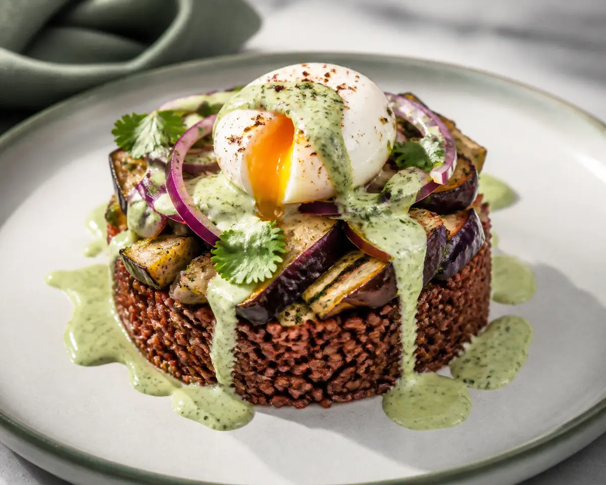 Timbal crujiente de arroz rojo con berenjena asada, huevo suave y salsa de tahini al cilantro