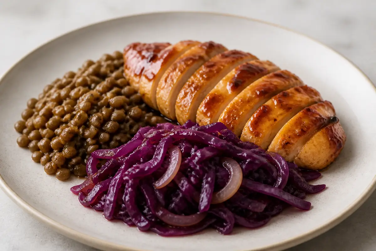 Pollo glaseado de mostaza y naranja amarga con repollo morado salteado y lentejas al comino