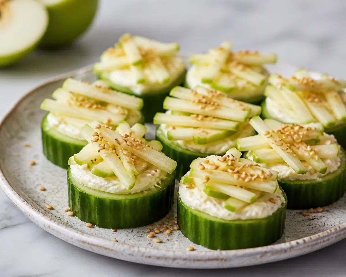 Warm Cucumber Canapés with Miso Cream Cheese, Toasted Sesame, and Green Apple