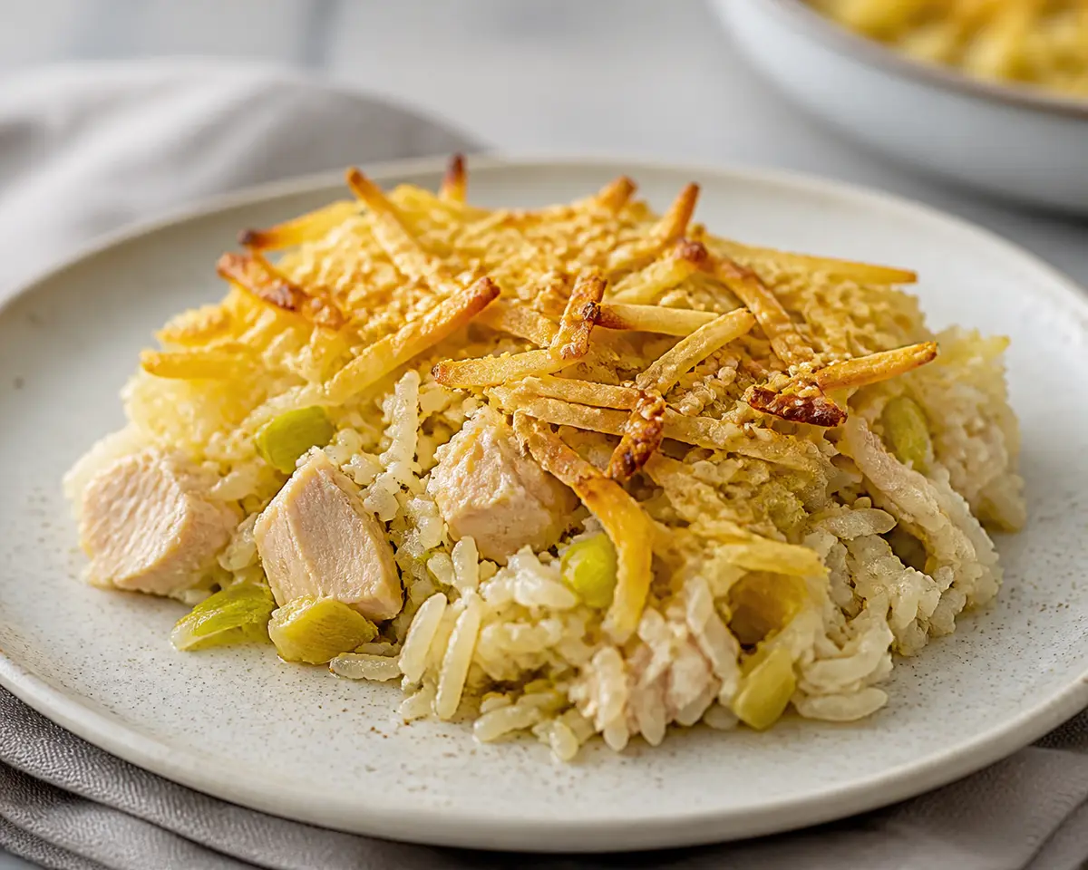 Pastel Familiar de Arroz, Puerros y Pavo con Tapa Crujiente de Papa y Sésamo