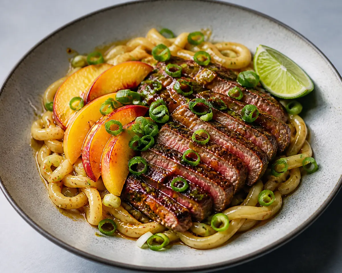 Udon Rápido de Ternera Glaseada con Melocotón, Cebolleta y Lima