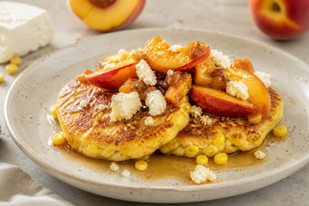 Warm sweet corn and ricotta griddle cakes with ginger peaches and toasted maple syrup