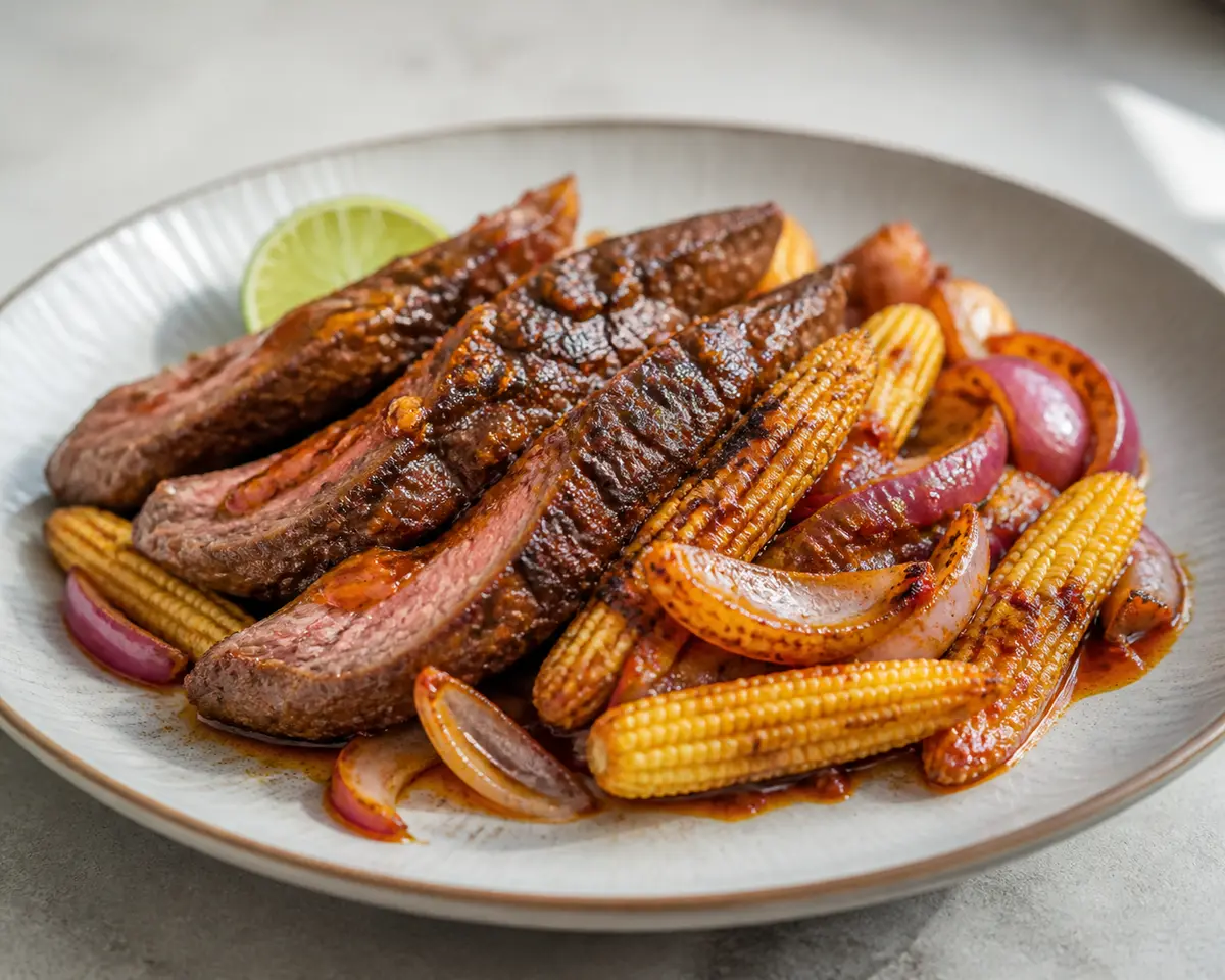Grilled Beef Strips with Guajillo Chili Butter and Lime Baby Corn
