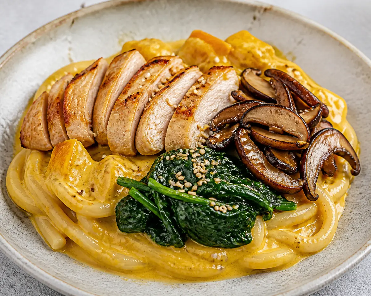 Fideos udon con pollo al miso de calabaza, setas salteadas y espinaca al sésamo